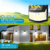 Solar light fixture with text on conversion, charging, and light duration displayed against a house and garden background.